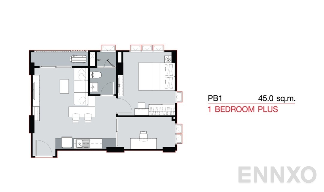 รูปแปลนห้อง 1 Bedroom Plus PB1 (45 sq.m) ของโครงการ SUPALAI City Resort SUKHUMVIT 107