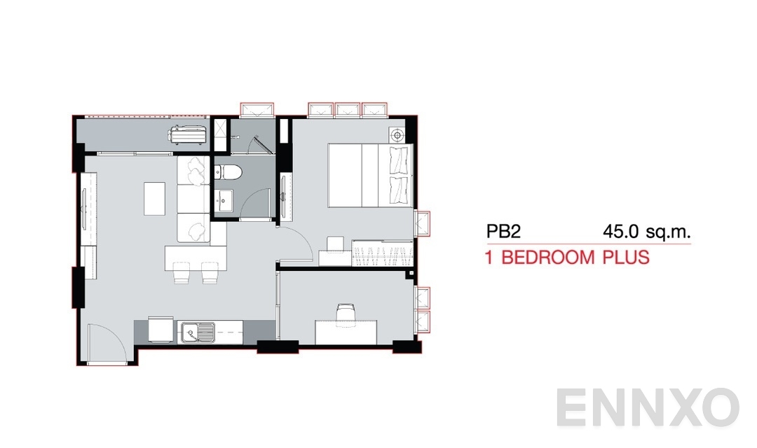 รูปแปลนห้อง 1 Bedroom Plus PB2 (45 sq.m) ของโครงการ SUPALAI City Resort SUKHUMVIT 107