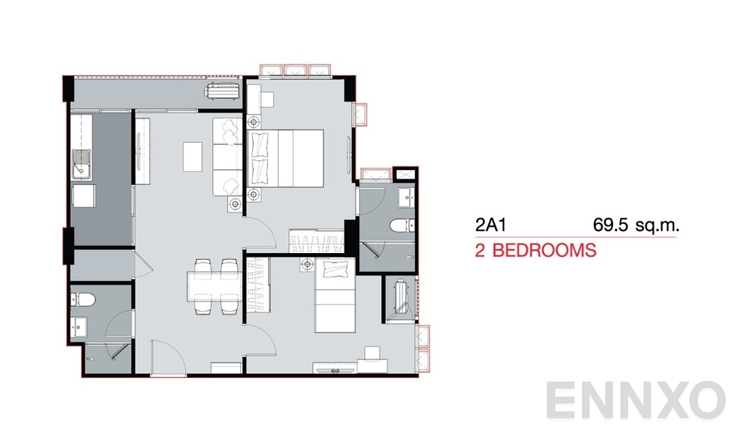 รูปแปลนห้อง 2 Bedrooms 2A1 (69.5 sq.m) ของโครงการ SUPALAI City Resort SUKHUMVIT 107