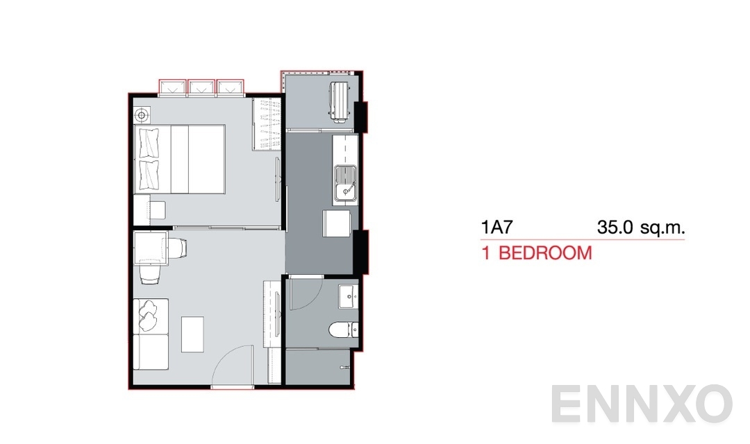 รูปแปลนห้อง 1 Bedroom 1A7 (35 sq.m) ของโครงการ SUPALAI City Resort SUKHUMVIT 107