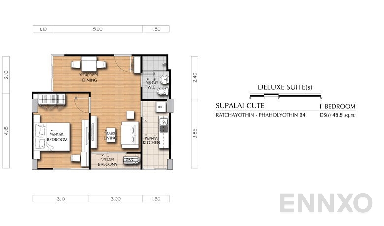 รูปแปลนห้อง 1 Bedroom  ของโครงการ Supalai Cute Ratchayothin - Phaholyothin34