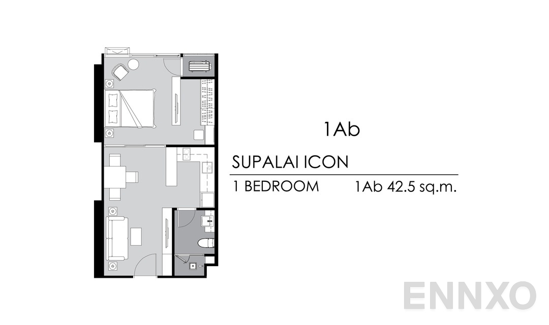 รูปแปลนห้อง 1 Bedroom 1Ab ของโครงการ Supalai ICON Sathorn