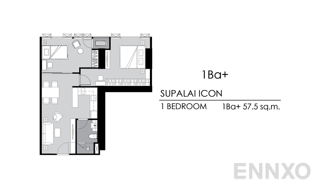 รูปแปลนห้อง 1 Bedroom 1Ba+ ของโครงการ Supalai ICON Sathorn