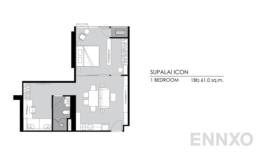 รูปแปลนห้อง 1 Bedroom 1Bb ของโครงการ Supalai ICON Sathorn