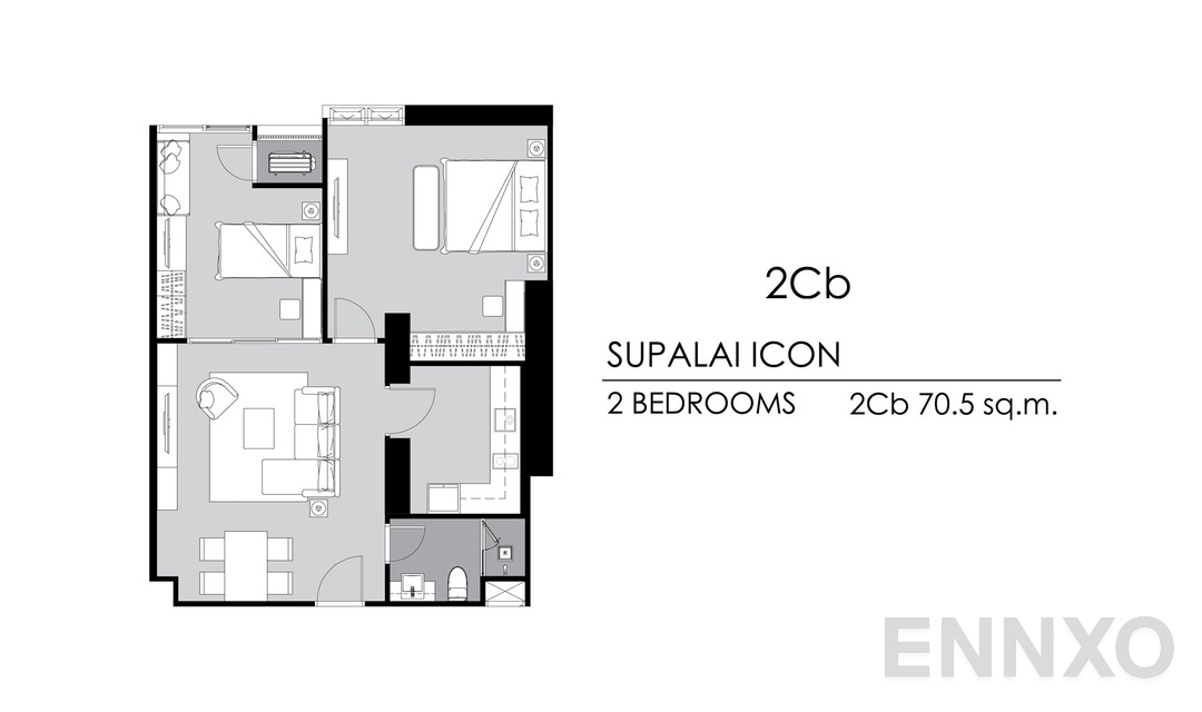รูปแปลนห้อง 2 Bedrooms 2Cb ของโครงการ Supalai ICON Sathorn