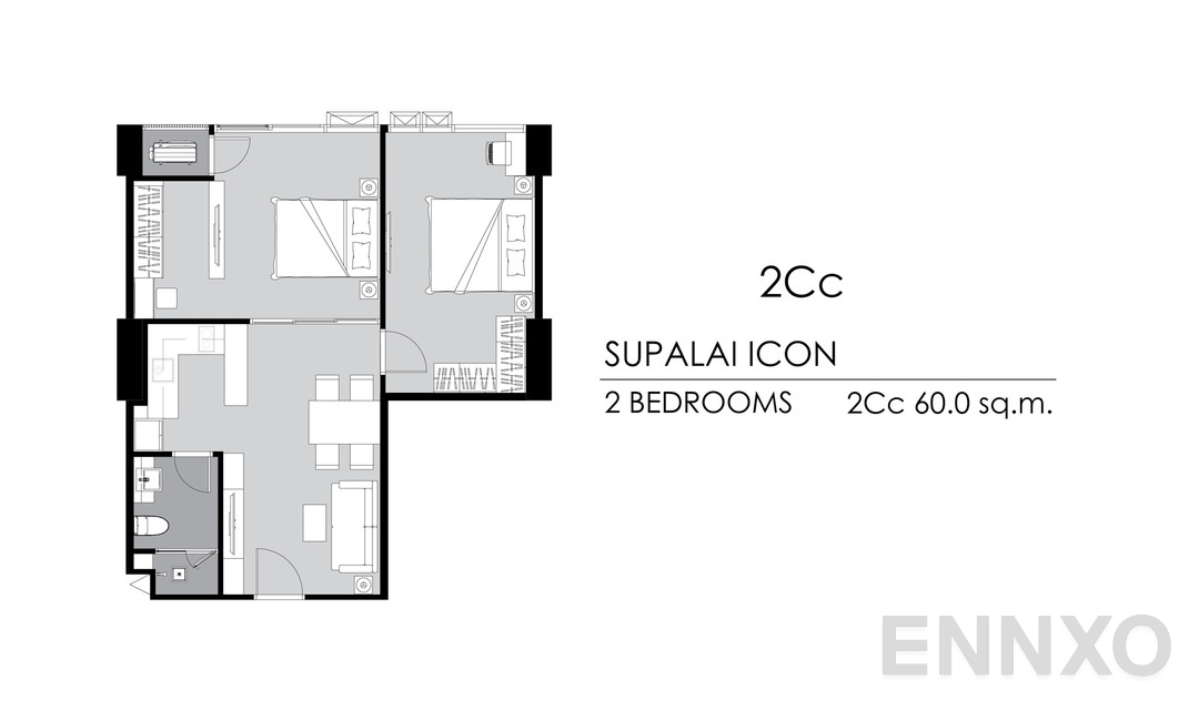 รูปแปลนห้อง 2 Bedrooms 2Cc ของโครงการ Supalai ICON Sathorn