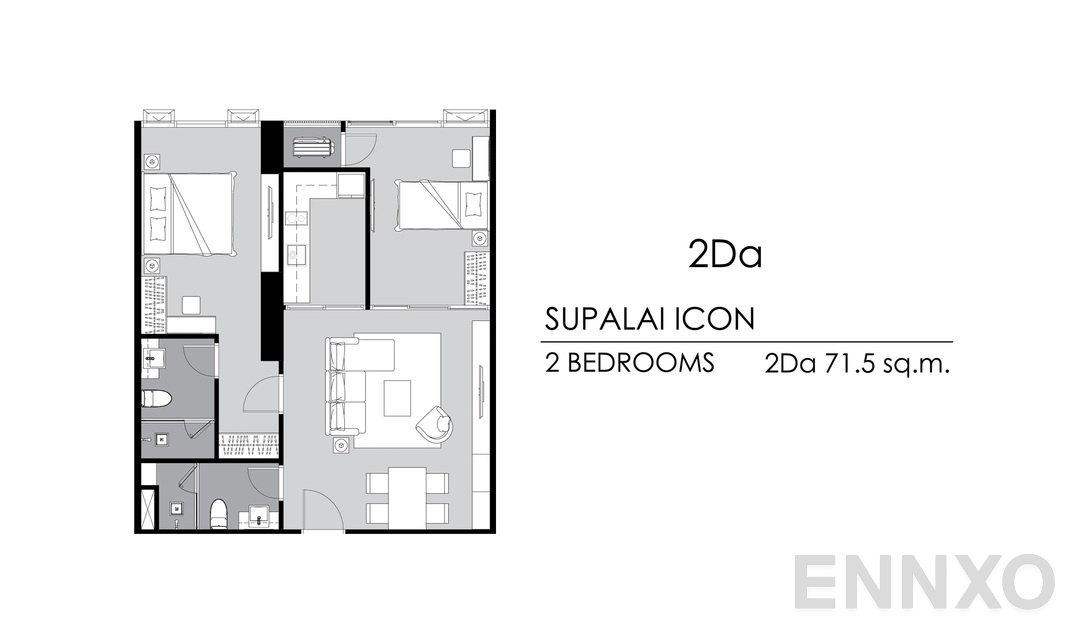 รูปแปลนห้อง 2 Bedrooms 2Da ของโครงการ Supalai ICON Sathorn