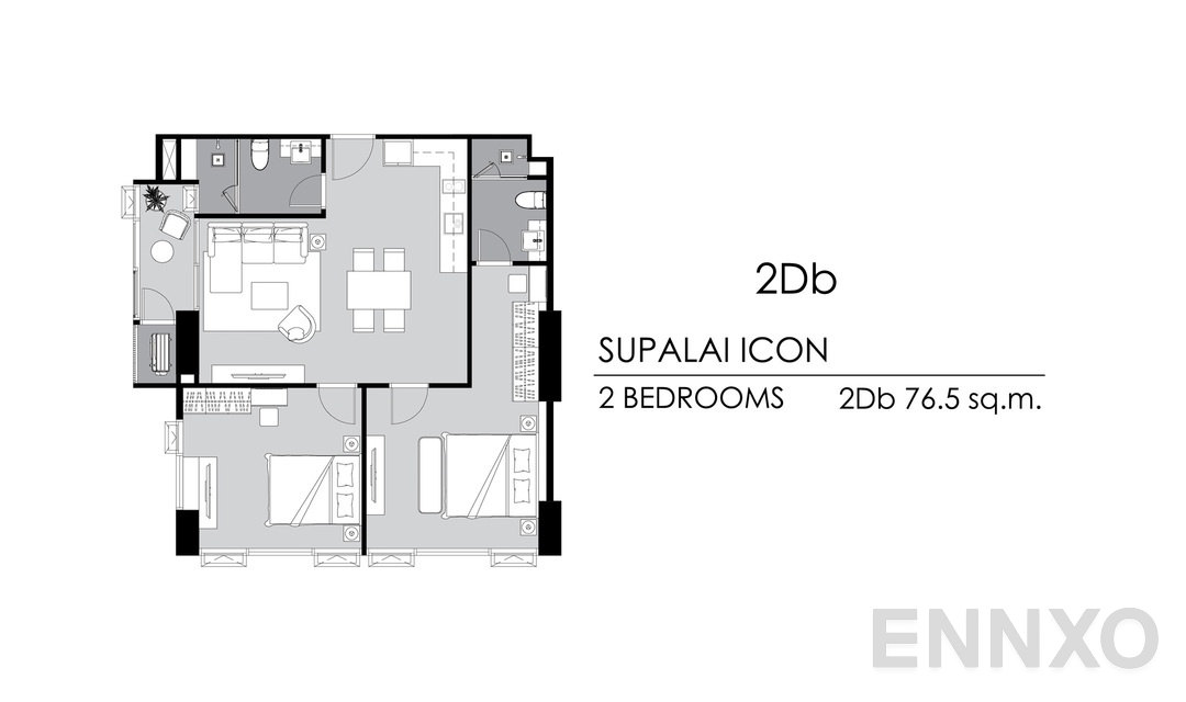 รูปแปลนห้อง 2 Bedrooms 2Db ของโครงการ Supalai ICON Sathorn