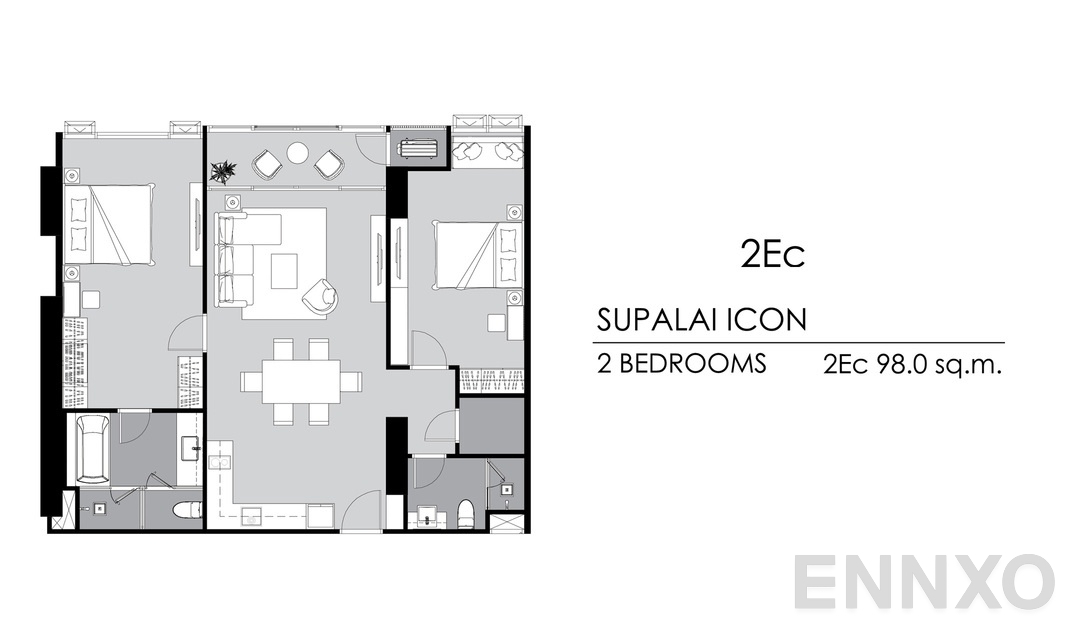 รูปแปลนห้อง 2 Bedrooms 2Ec ของโครงการ Supalai ICON Sathorn