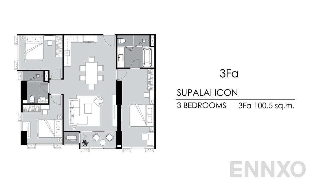 รูปแปลนห้อง 3 Bedrooms 3Fa ของโครงการ Supalai ICON Sathorn