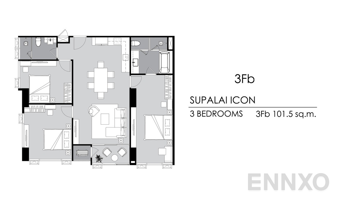 รูปแปลนห้อง 3 Bedrooms 3Fb ของโครงการ Supalai ICON Sathorn