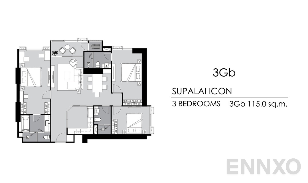 รูปแปลนห้อง 3 Bedrooms 3Gb ของโครงการ Supalai ICON Sathorn