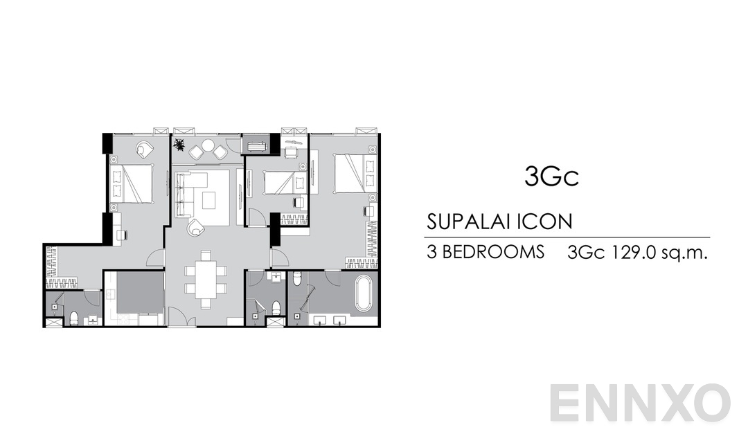 รูปแปลนห้อง 3 Bedrooms 3Gc ของโครงการ Supalai ICON Sathorn