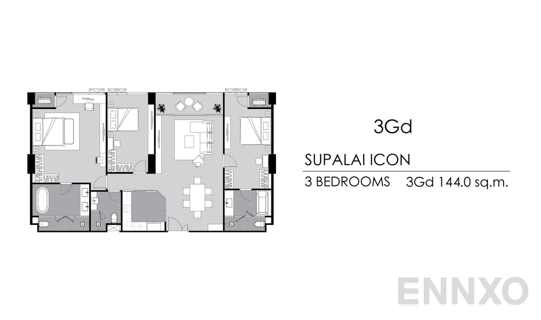 รูปแปลนห้อง 3 Bedrooms 3Gd ของโครงการ Supalai ICON Sathorn