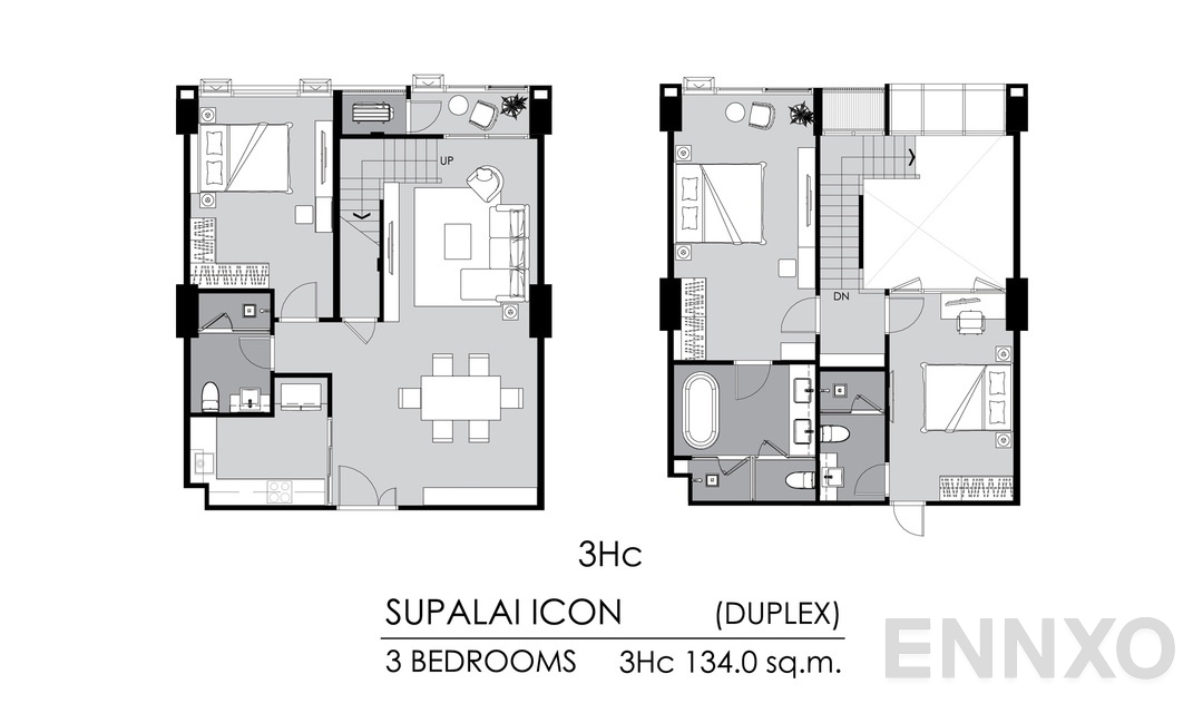 รูปแปลนห้อง 3 Bedrooms 3Hc ของโครงการ Supalai ICON Sathorn