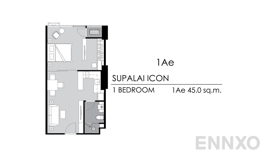 รูปแปลนห้อง 1 Bedroom 1Ae ของโครงการ Supalai ICON Sathorn