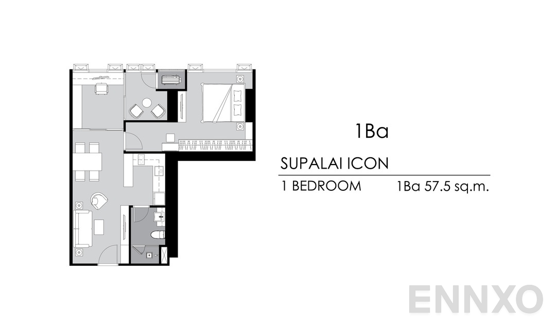 รูปแปลนห้อง 1 Bedroom 1Ba ของโครงการ Supalai ICON Sathorn