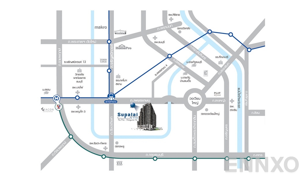 ภาพแผนที่แสดงที่ตั้งโครงการ Supalai Lite Thaphra - Wongwian Yai และสถานที่โดยรอบ