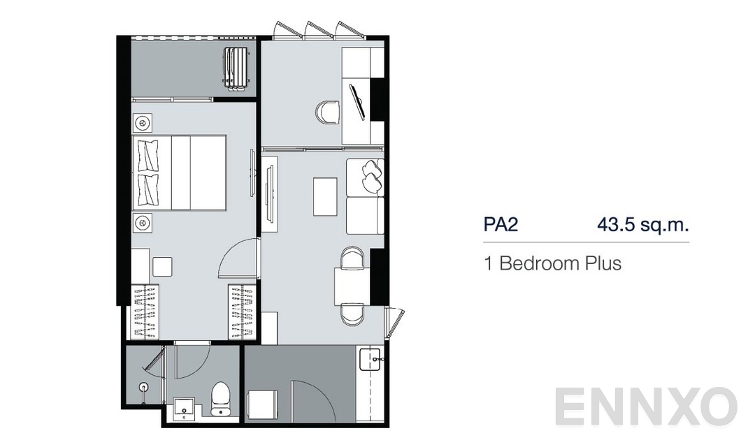 รูปแปลนห้อง 1 Bedroom Plus PA2 (43.5 ตร.ม.) ของโครงการ Supalai Lite Thaphra - Wongwian Yai