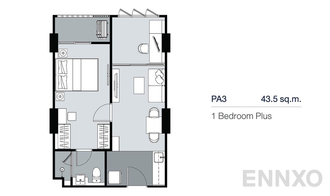 รูปแปลนห้อง 1 Bedroom Plus PA3 (43.5 ตร.ม.) ของโครงการ Supalai Lite Thaphra - Wongwian Yai