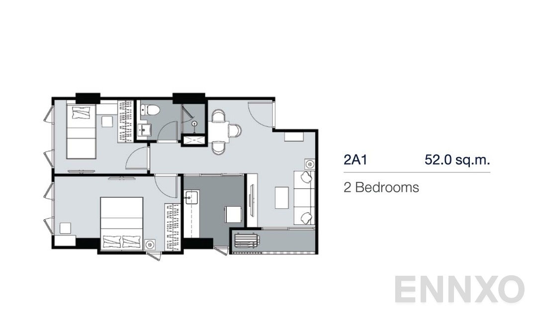 รูปแปลนห้อง 2 Bedrooms 2A1 (52 ตร.ม.) ของโครงการ Supalai Lite Thaphra - Wongwian Yai