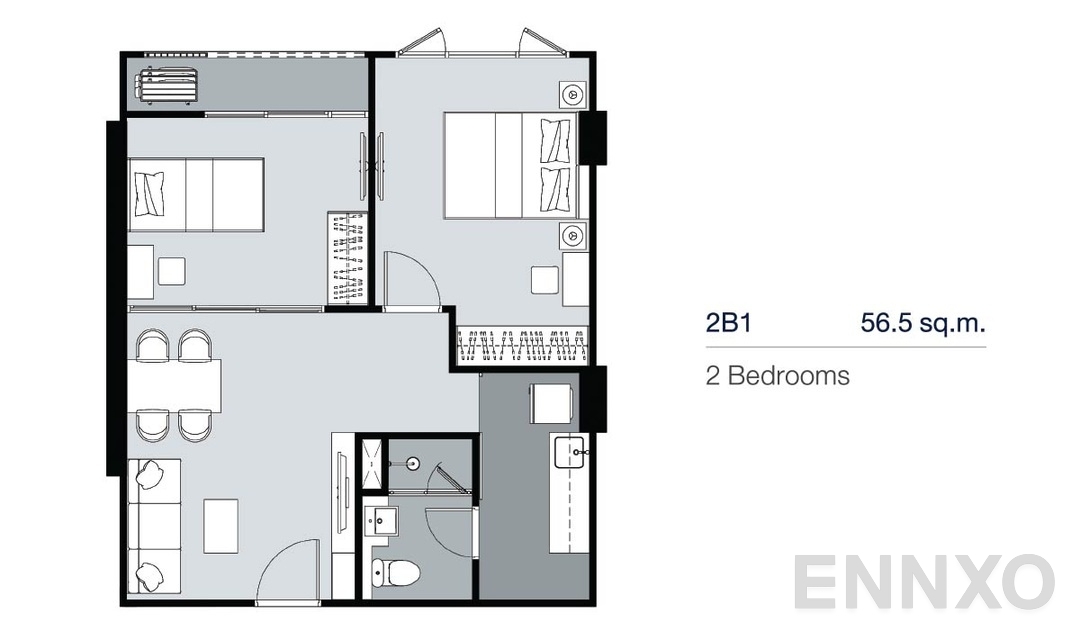 รูปแปลนห้อง 2 Bedrooms 2B1 (56.5 ตร.ม.) ของโครงการ Supalai Lite Thaphra - Wongwian Yai