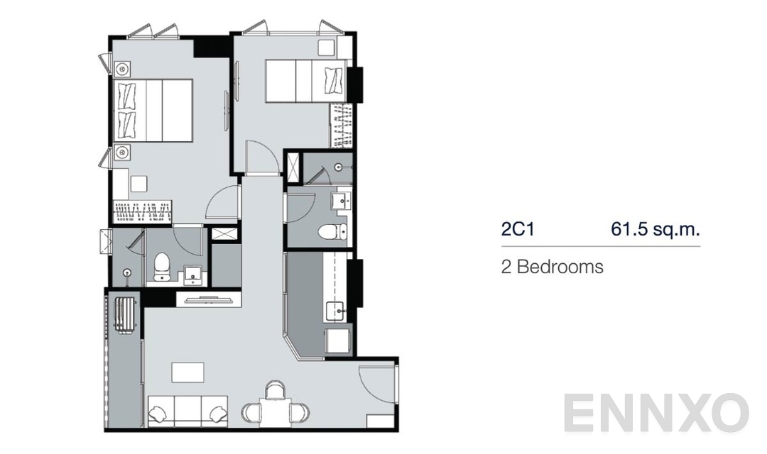 รูปแปลนห้อง 2 Bedrooms 2C1 (61.5 ตร.ม.) ของโครงการ Supalai Lite Thaphra - Wongwian Yai