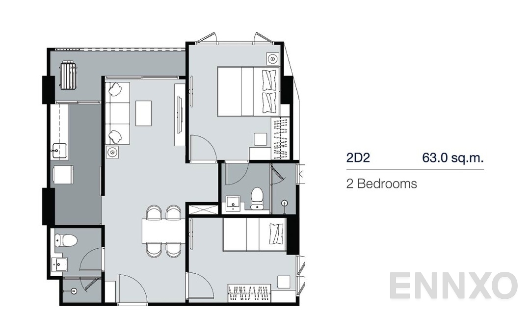 รูปแปลนห้อง 2 Bedrooms 2D2 (63 ตร.ม.) ของโครงการ Supalai Lite Thaphra - Wongwian Yai