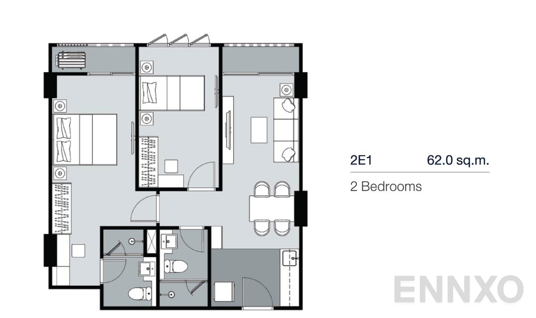 รูปแปลนห้อง 2 Bedrooms 2E1 (62 ตร.ม.) ของโครงการ Supalai Lite Thaphra - Wongwian Yai
