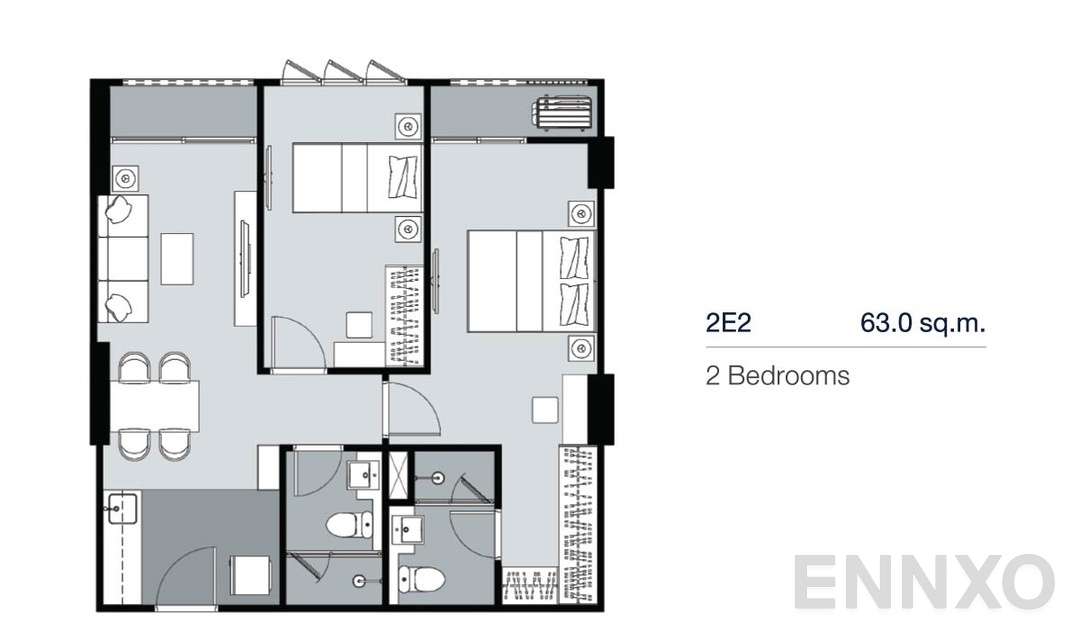 รูปแปลนห้อง 2 Bedrooms 2E2 (63 ตร.ม.) ของโครงการ Supalai Lite Thaphra - Wongwian Yai