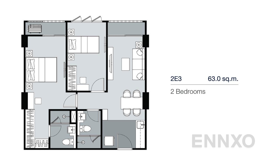 รูปแปลนห้อง 2 Bedrooms 2E3 (63 ตร.ม.) ของโครงการ Supalai Lite Thaphra - Wongwian Yai