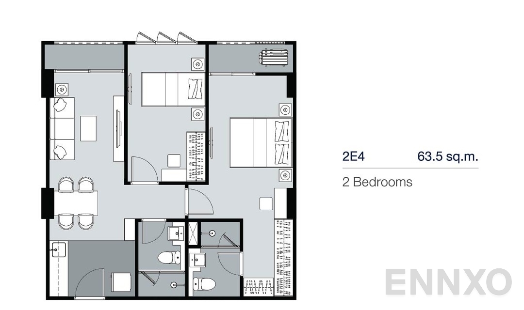 รูปแปลนห้อง 2 Bedrooms 2E4 (63.5 ตร.ม.) ของโครงการ Supalai Lite Thaphra - Wongwian Yai