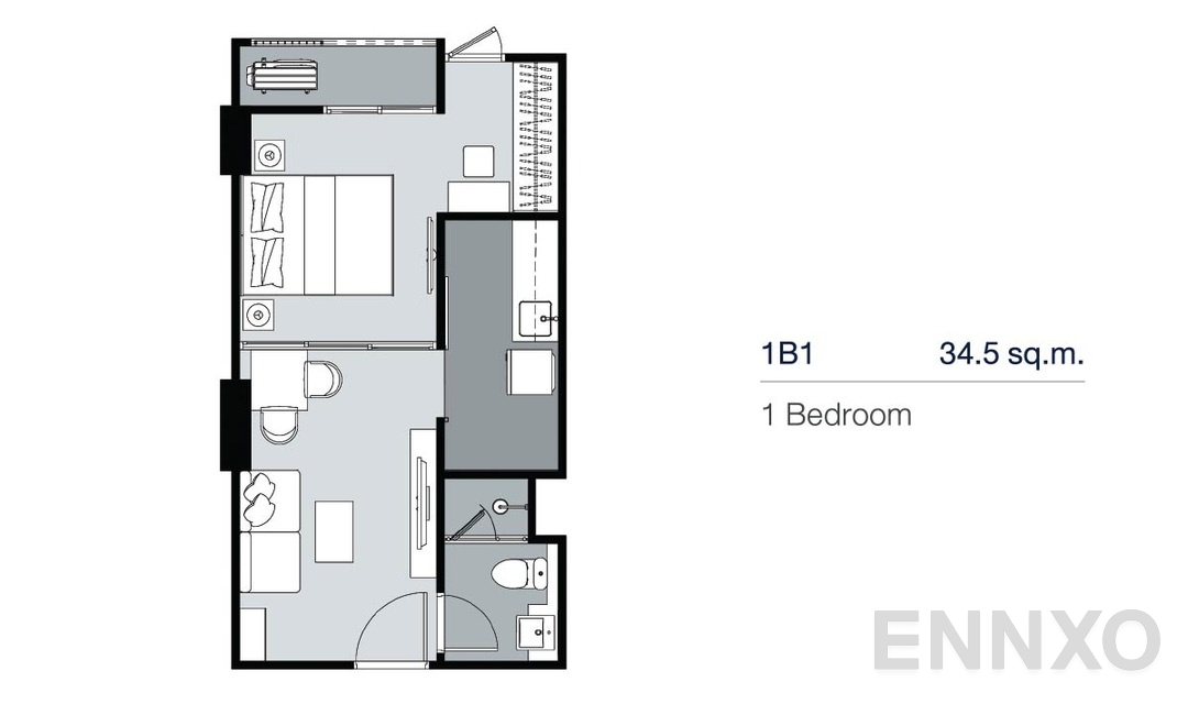 รูปแปลนห้อง 1 Bedroom 1B1 (34.5 ตร.ม.) ของโครงการ Supalai Lite Thaphra - Wongwian Yai