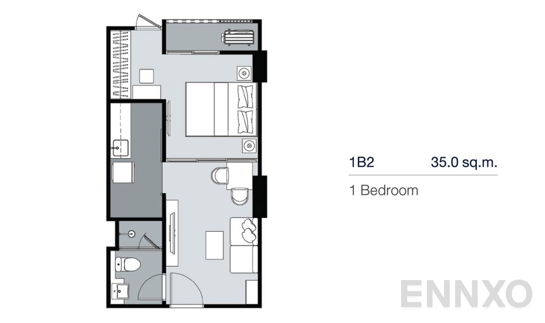รูปแปลนห้อง 1 Bedroom 1B2 (35 ตร.ม.) ของโครงการ Supalai Lite Thaphra - Wongwian Yai