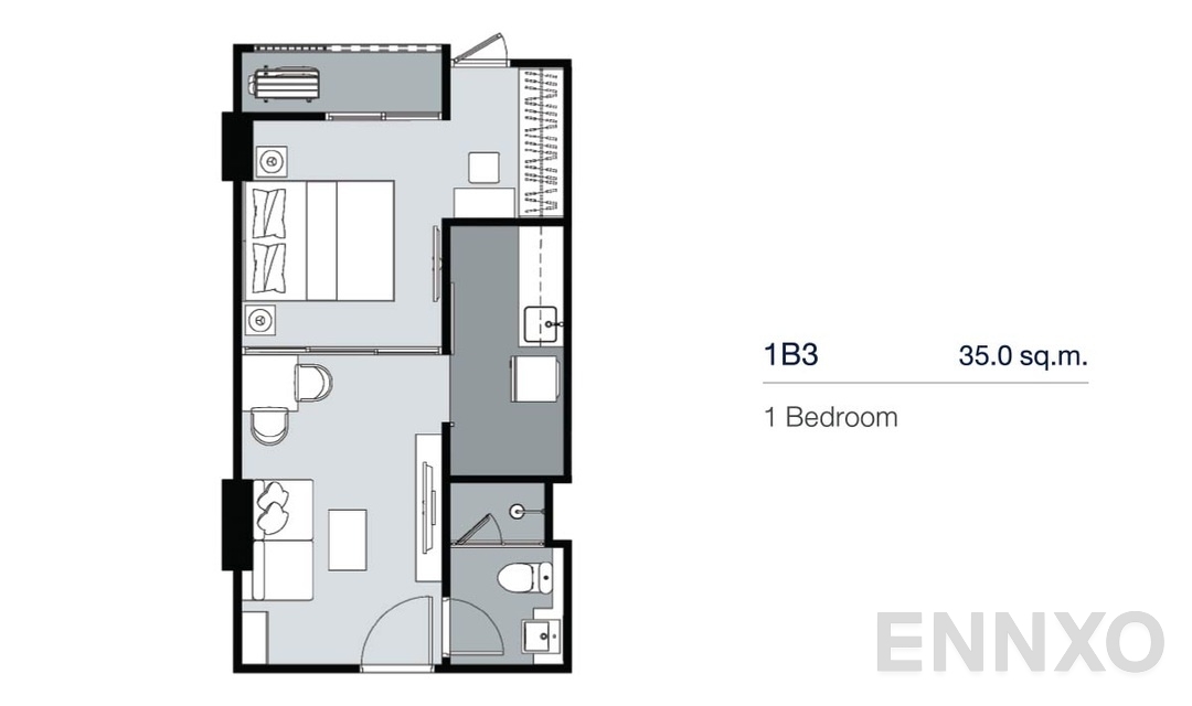 รูปแปลนห้อง 1 Bedroom 1B3 (35 ตร.ม.) ของโครงการ Supalai Lite Thaphra - Wongwian Yai