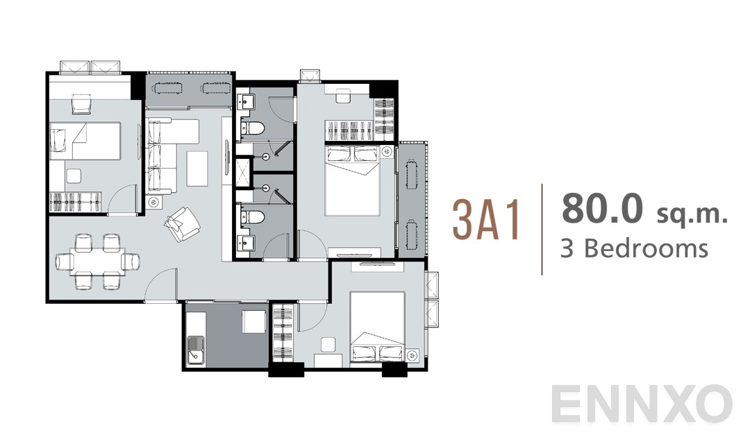 รูปแปลนห้อง 3 Bedrooms 3A1 (80 ตร.ม.) ของโครงการ ศุภาลัย ลอฟท์ สถานีภาษีเจริญ