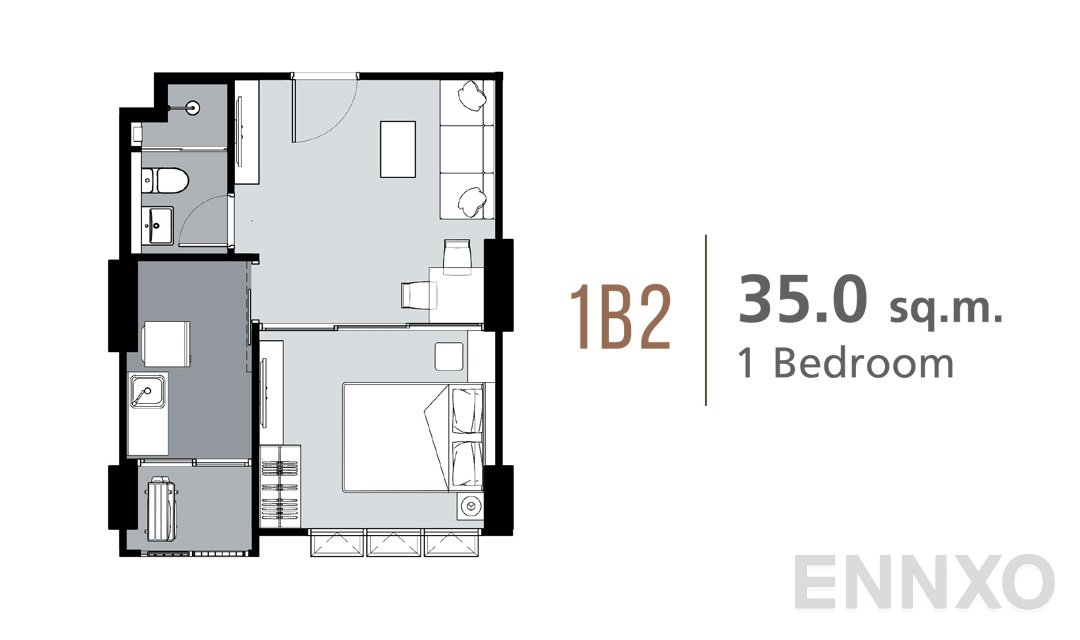 รูปแปลนห้อง 1 Bedroom 1B2 (35 ตร.ม.) ของโครงการ ศุภาลัย ลอฟท์ สถานีภาษีเจริญ