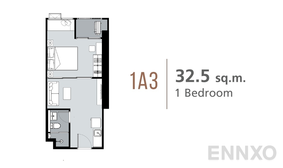 รูปแปลนห้อง 1 Bedroom 1A3 (32.5 ตร.ม.) ของโครงการ ศุภาลัย ลอฟท์ สถานีภาษีเจริญ