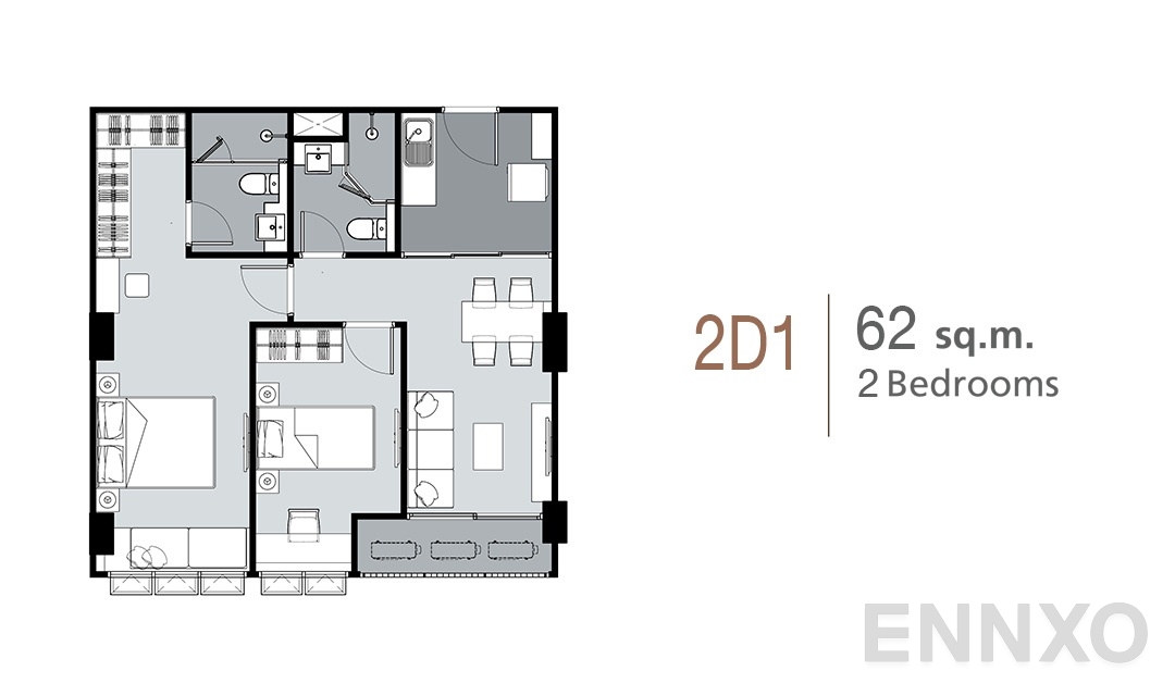 รูปแปลนห้อง 2 Bedrooms 2D1 (62ตร.ม.) ของโครงการ ศุภาลัย ลอฟท์ สถานีภาษีเจริญ