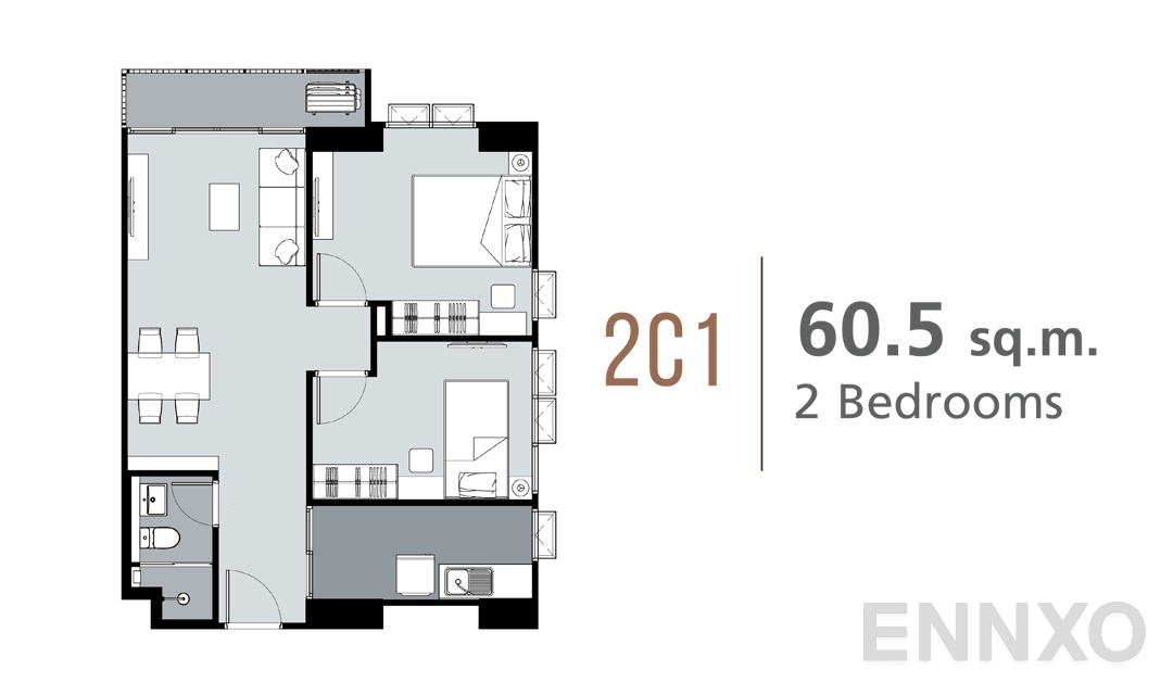 รูปแปลนห้อง 2 Bedrooms 2C1 (60.5 ตร.ม.) ของโครงการ ศุภาลัย ลอฟท์ สถานีภาษีเจริญ