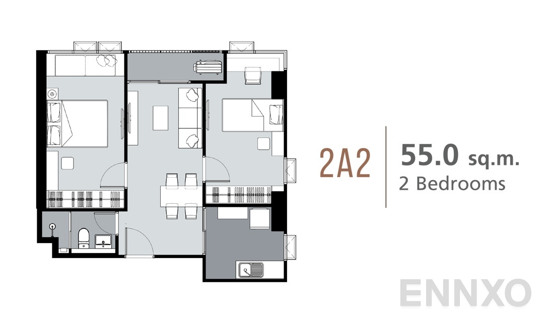 รูปแปลนห้อง 2 Bedrooms 2A2 (55 ตร.ม.) ของโครงการ ศุภาลัย ลอฟท์ สถานีภาษีเจริญ