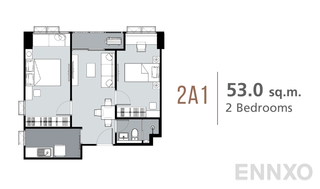 รูปแปลนห้อง 2 Bedrooms 2A1 (53 ตร.ม.) ของโครงการ ศุภาลัย ลอฟท์ สถานีภาษีเจริญ