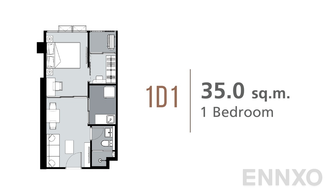 รูปแปลนห้อง 1 Bedroom 1D1 (35 ตร.ม.) ของโครงการ ศุภาลัย ลอฟท์ สถานีภาษีเจริญ