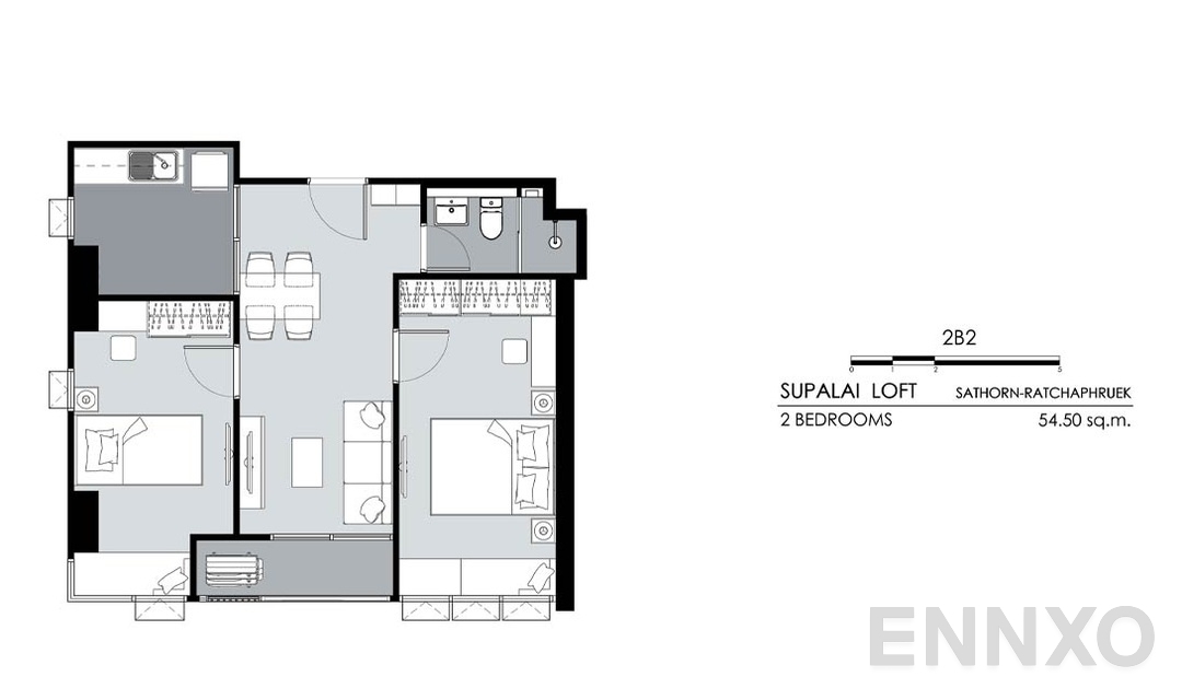รูปแปลนห้อง 2 Bedrooms 2B2 (54.5 ตร.ม.) ของโครงการ ศุภาลัย ลอฟท์ สาทร - ราชพฤกษ์