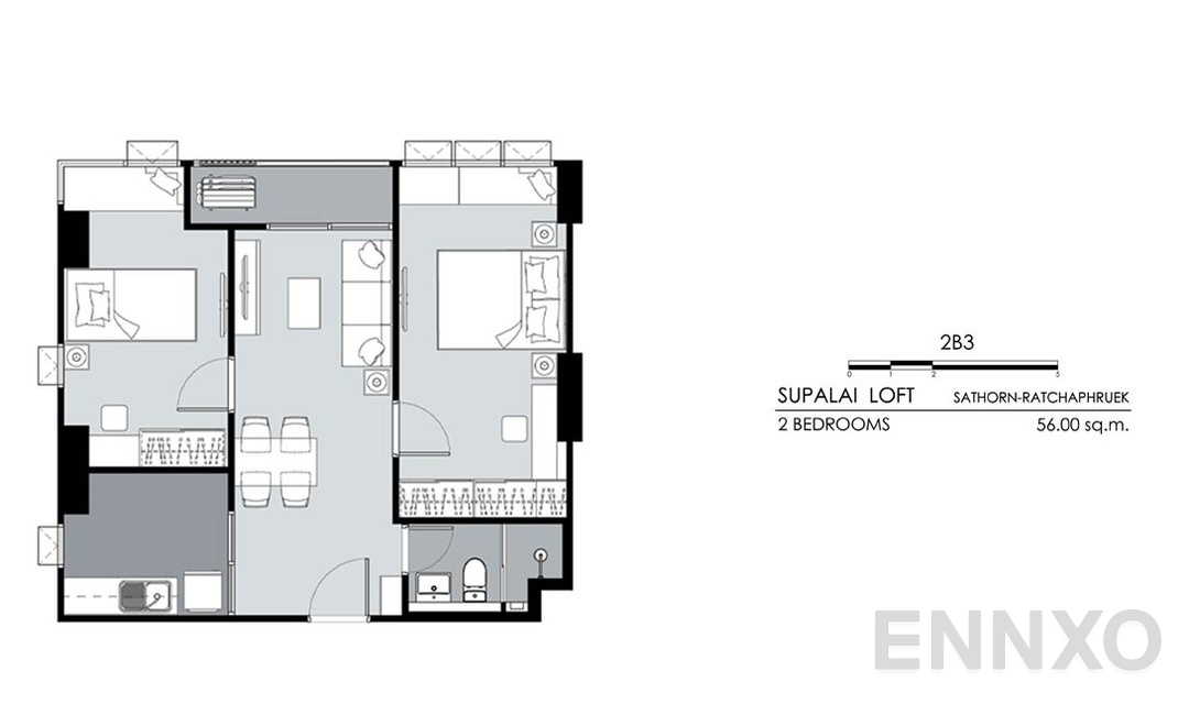 รูปแปลนห้อง 2 Bedrooms 2B3 (56 ตร.ม.) ของโครงการ ศุภาลัย ลอฟท์ สาทร - ราชพฤกษ์