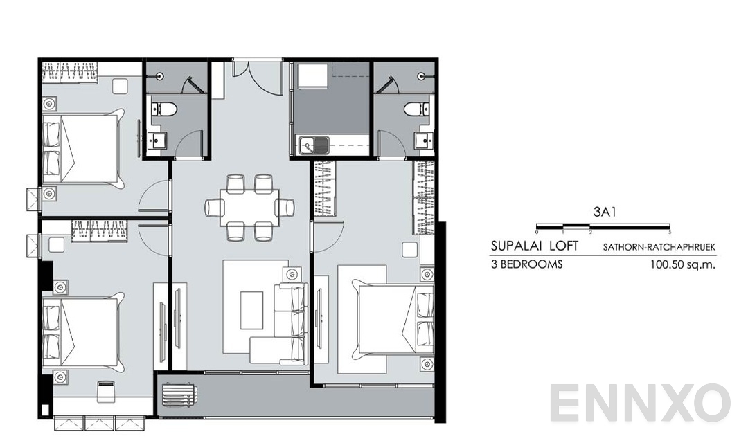 รูปแปลนห้อง 3 Bedrooms 3A1 (100.5 ตร.ม.) ของโครงการ ศุภาลัย ลอฟท์ สาทร - ราชพฤกษ์