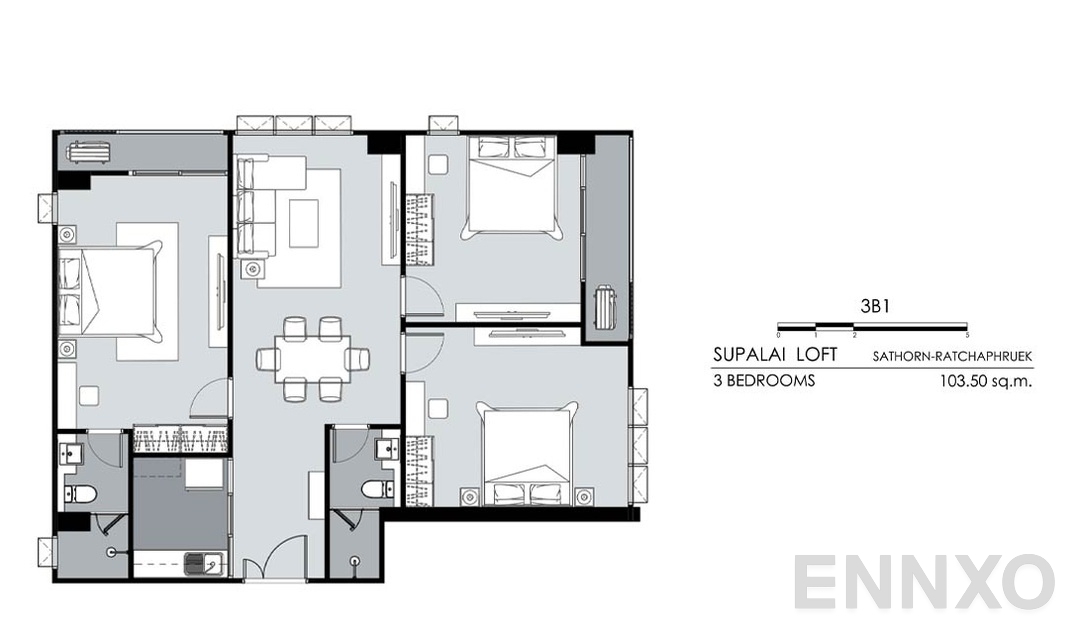 รูปแปลนห้อง 3 Bedrooms 3B1 (103.5 ตร.ม.) ของโครงการ ศุภาลัย ลอฟท์ สาทร - ราชพฤกษ์