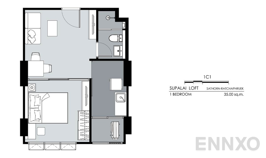 รูปแปลนห้อง 1 Bedroom 1C1 (35 ตร.ม.) ของโครงการ ศุภาลัย ลอฟท์ สาทร - ราชพฤกษ์