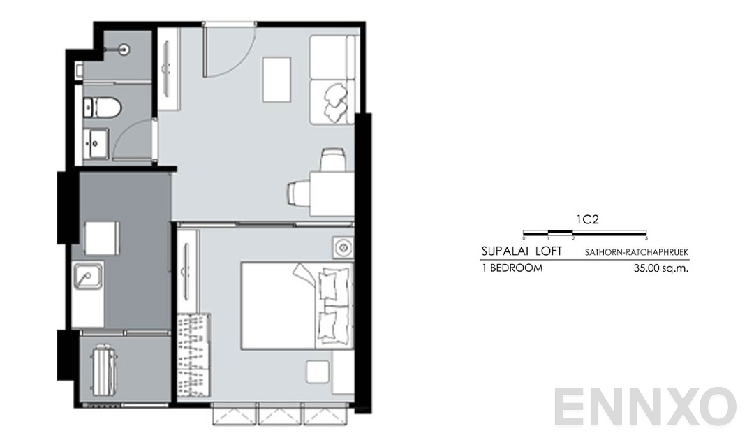 รูปแปลนห้อง 1 Bedroom 1C2 (35 ตร.ม.) ของโครงการ ศุภาลัย ลอฟท์ สาทร - ราชพฤกษ์