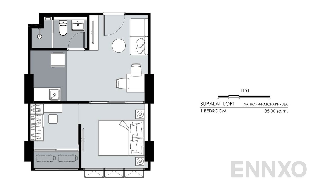 รูปแปลนห้อง 1 Bedroom 1D1 (35 ตร.ม.) ของโครงการ ศุภาลัย ลอฟท์ สาทร - ราชพฤกษ์